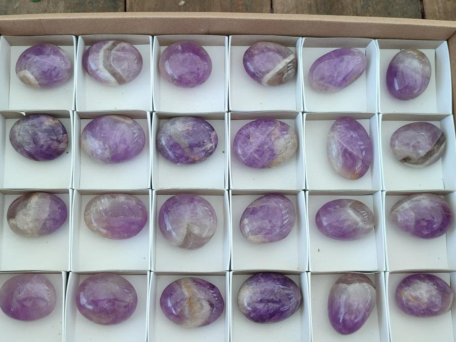 Polished Purple Chevron Amethyst Palm Stones x 24 From Madagascar