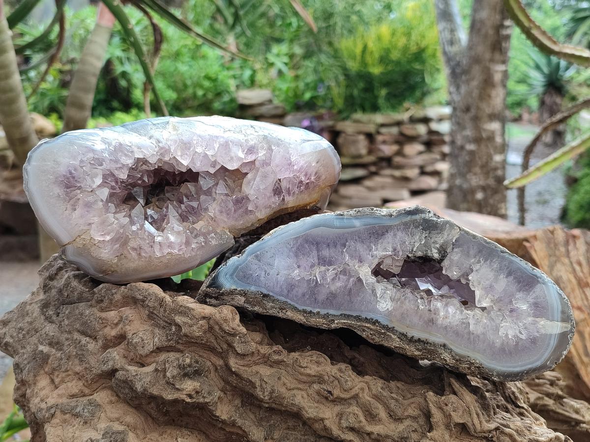 Polished Banded Agate with Amethyst Geodes x 2 From Maintirano, Madagascar