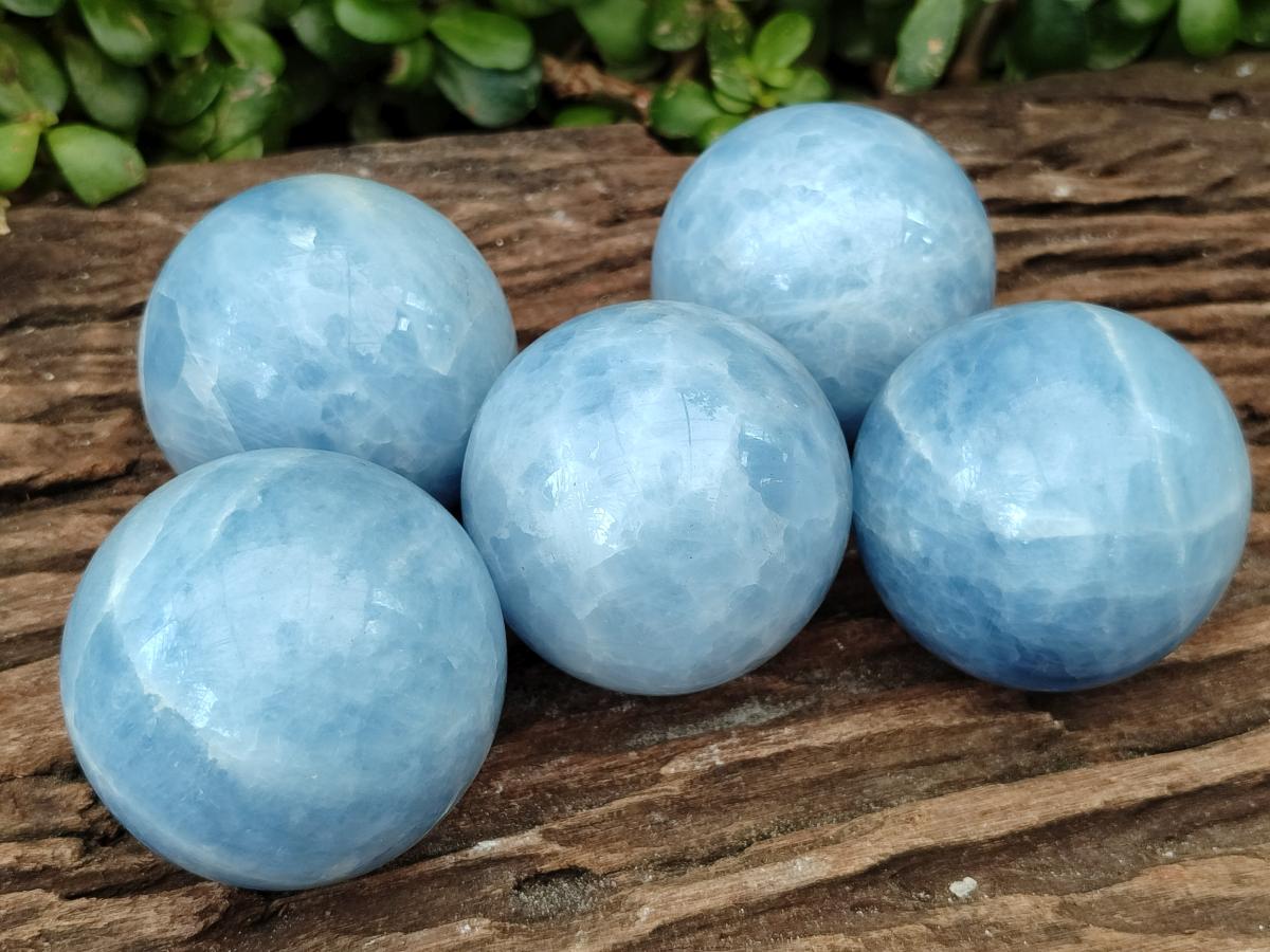 Polished Blue Calcite Spheres x 5 From Madagascar - Toprock Gemstones and Minerals 