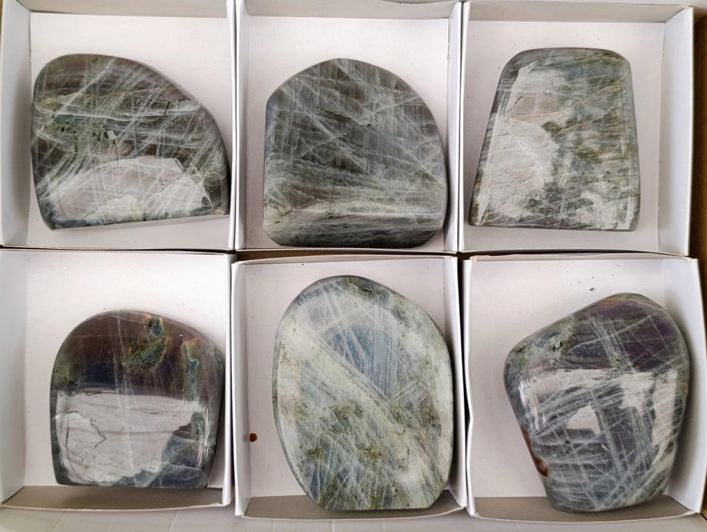 Polished Rare Purple Sunset Flash Labradorite Standing Free Forms x 6 From Tulear, Madagascar