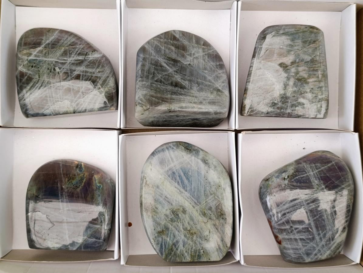 Polished Rare Purple Sunset Flash Labradorite Standing Free Forms x 6 From Tulear, Madagascar