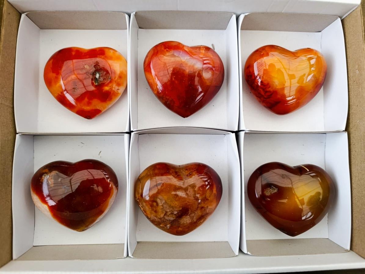 Polished Carnelian Agate Gemstone Hearts x 6 From Madagascar