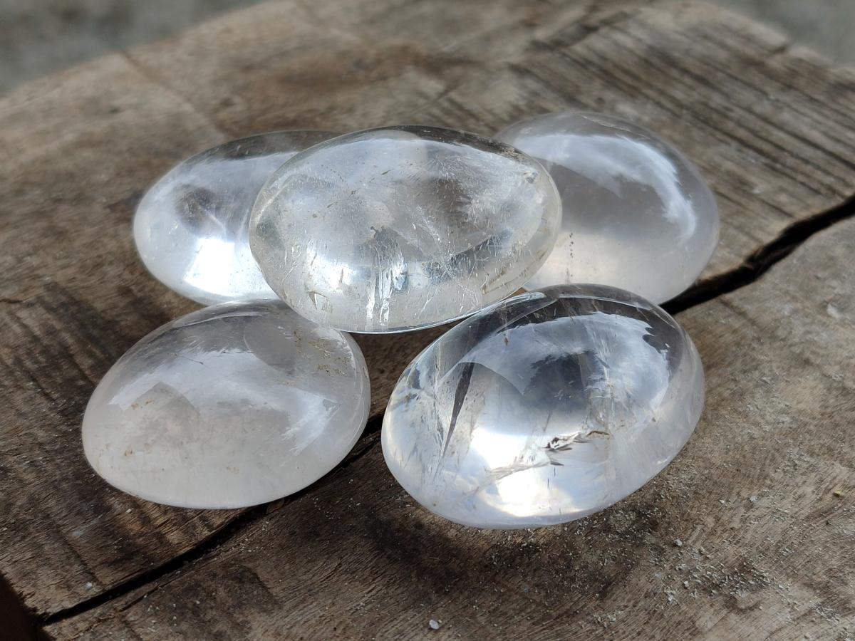 Polished Girasol Pearl Quartz Palm Stones x 35 From Ambatondrazaka, Madagascar