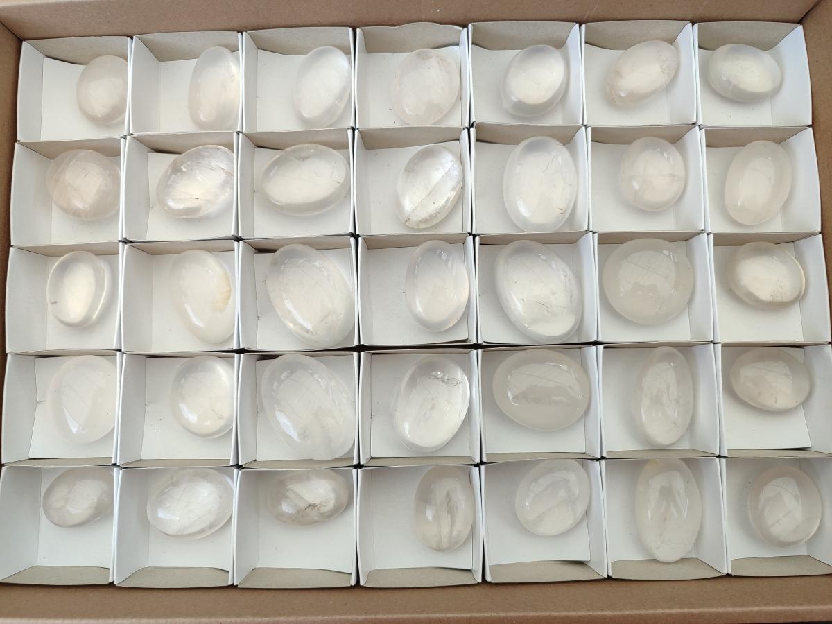 Polished Girasol Pearl Quartz Palm Stones x 35 From Ambatondrazaka, Madagascar