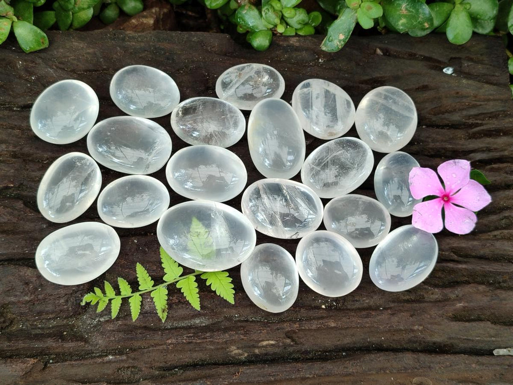 Polished Girasol Pearl Quartz Palm Stones x 35 From Ambatondrazaka, Madagascar
