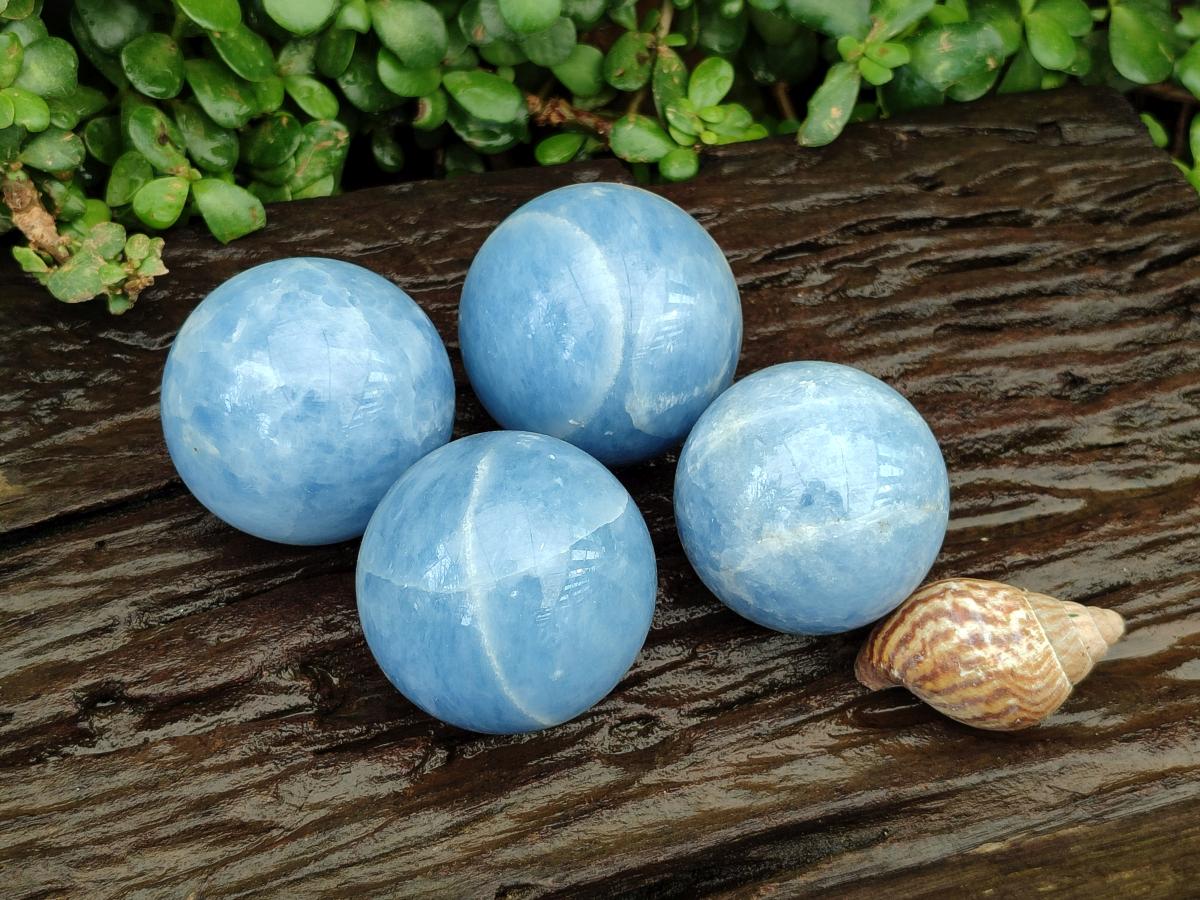 Polished Blue Calcite Spheres x 4 From Madagascar