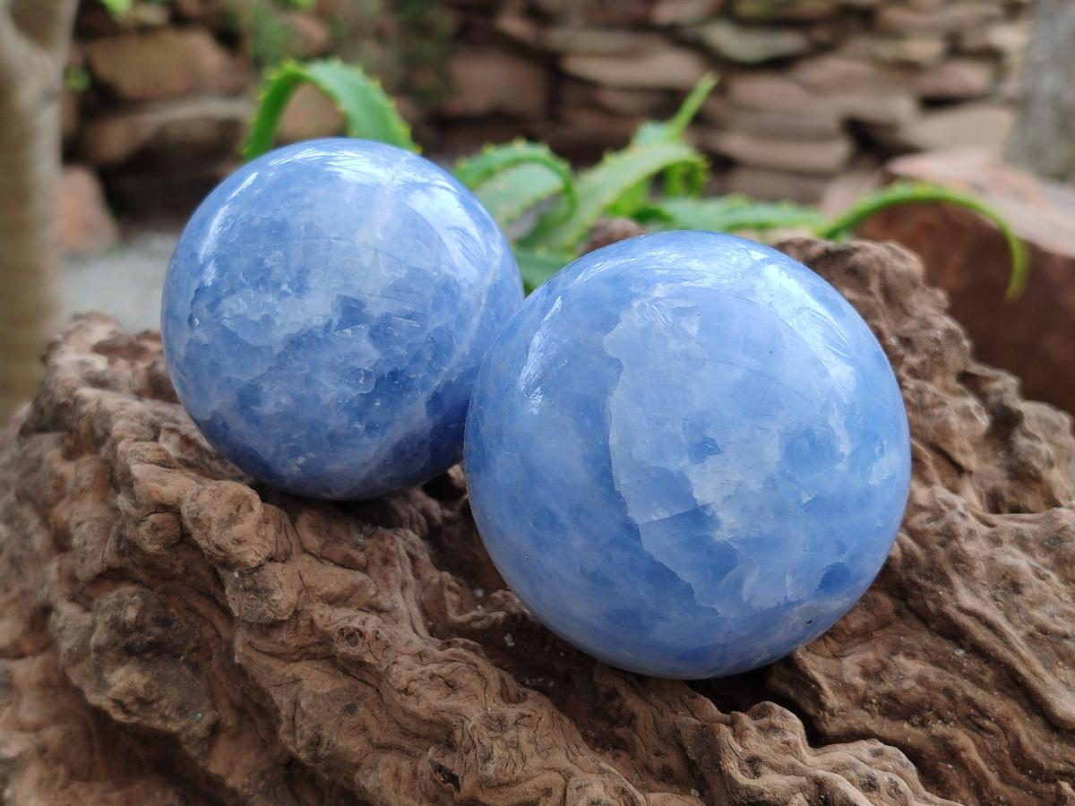 Polished Blue Calcite Spheres x 4 From Madagascar
