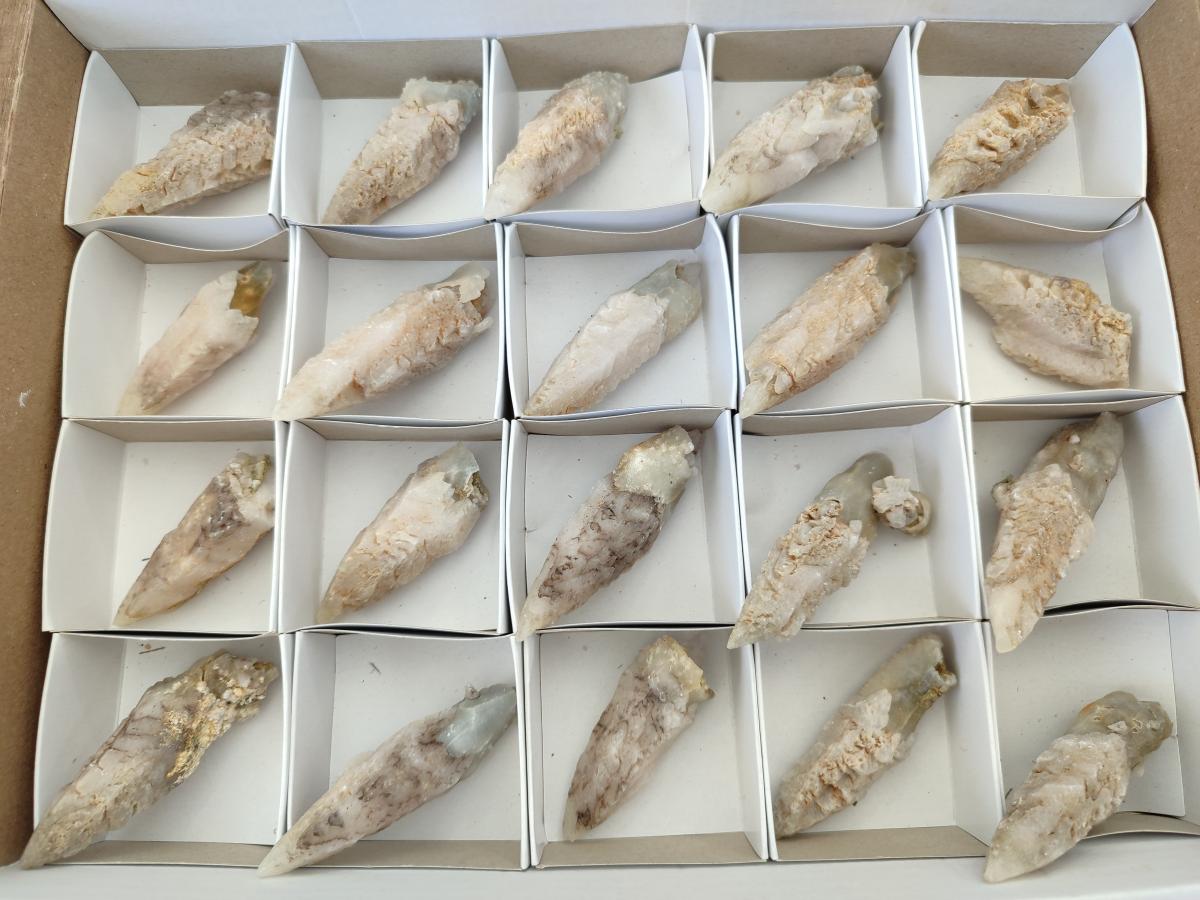 Natural Drusy Quartz Coated Spearhead Calcite Specimens x 20 From Albert's Mountain, Lesotho
