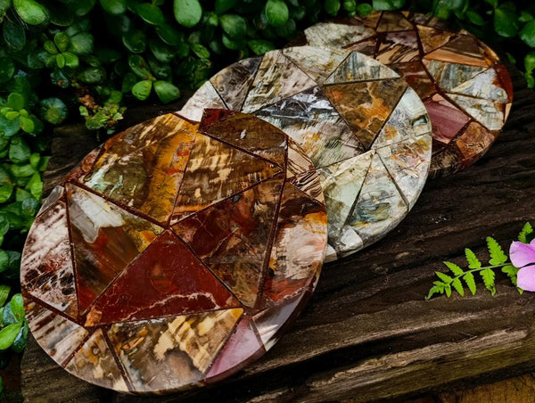 Hand Made Red Podocarpus Petrified Wood Conglomerate Plaques x 3 From Mahajanga, Madagascar