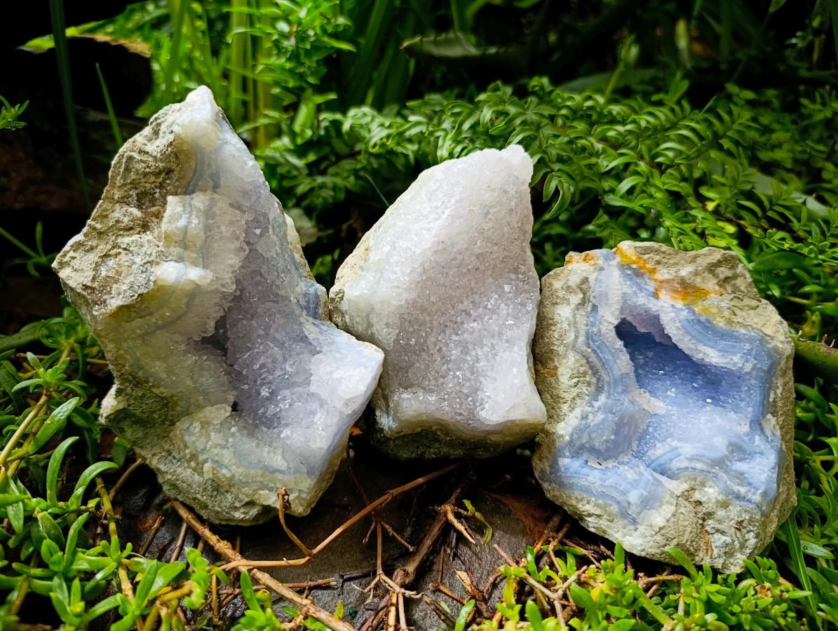 Natural Blue Lace Agate Geode Specimens x 3 From Nsanje, Malawi