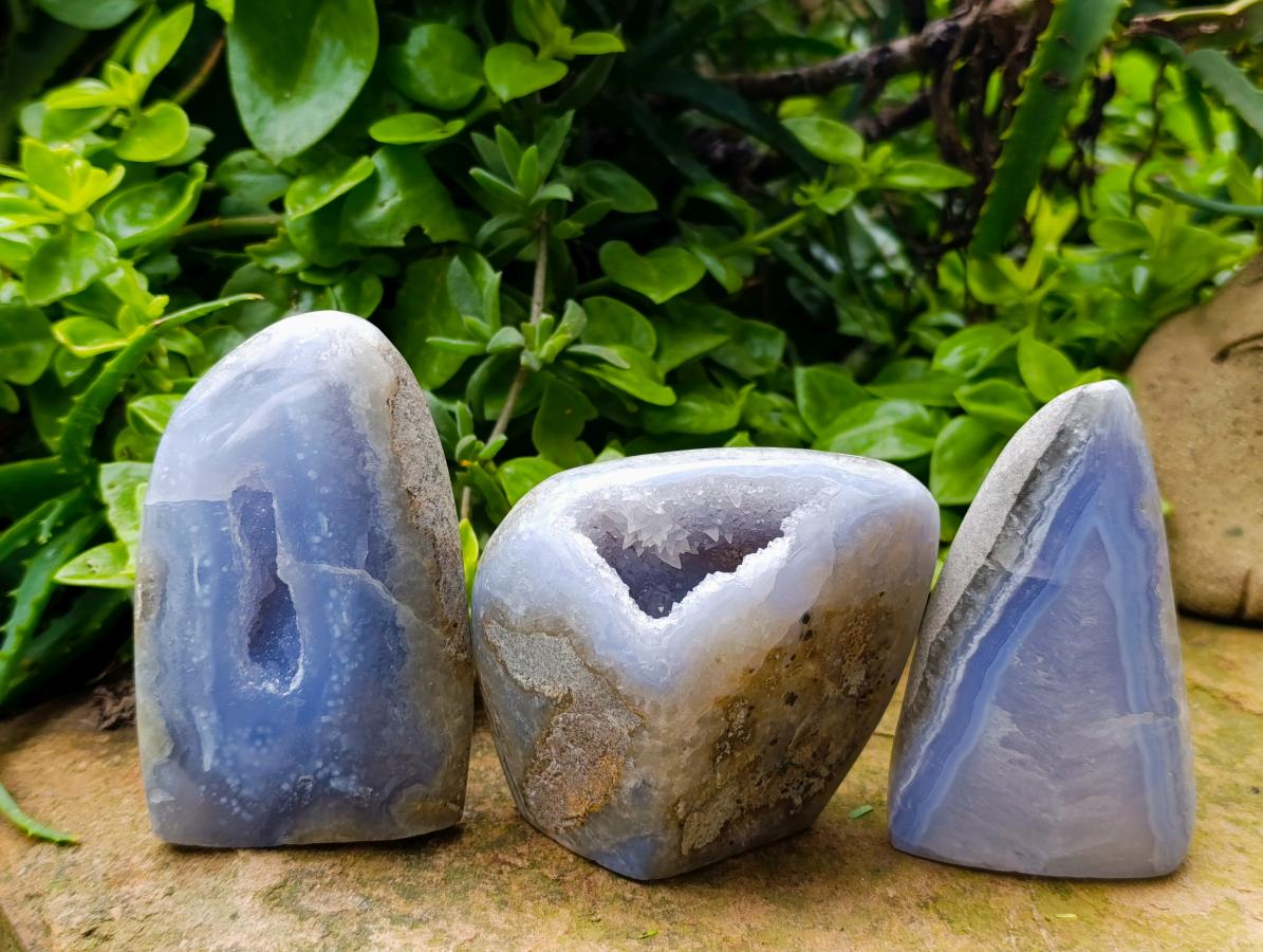 Polished Blue Lace Agate Standing Free Forms x 3 From Nsanje, Malawi