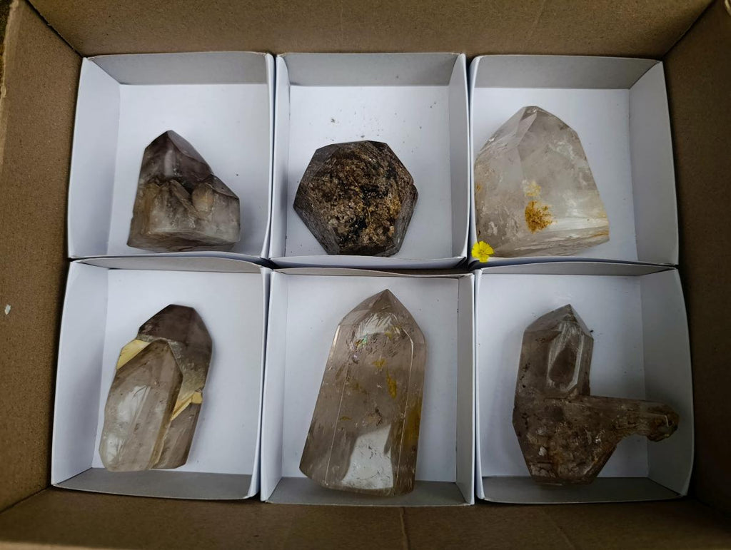 Polished Smokey Quartz Crystals With Inclusions x 6 From Madagascar