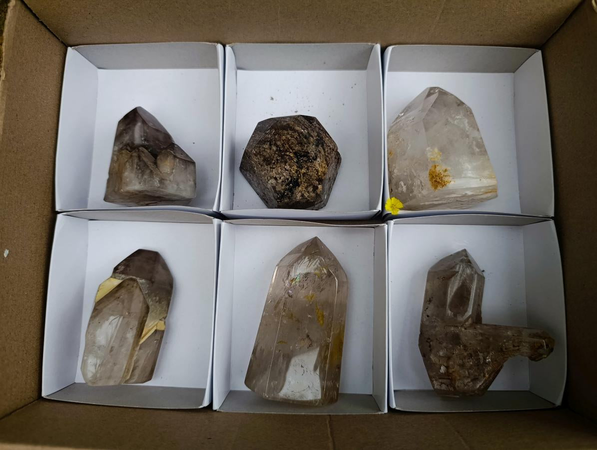 Polished Smokey Quartz Crystals With Inclusions x 6 From Madagascar