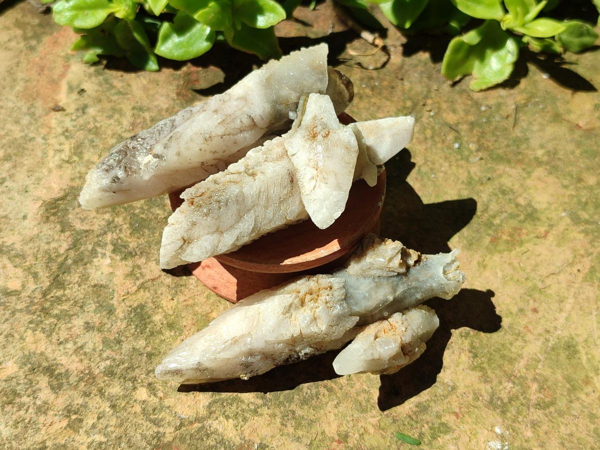 Natural Drusy Quartz Coated Spearhead Calcite Crystals x 20 From Albert's Mountain, Lesotho