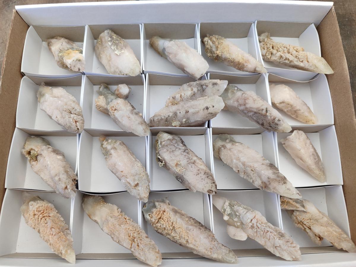 Natural Drusy Quartz Coated Spearhead Calcite Crystals x 20 From Albert's Mountain, Lesotho