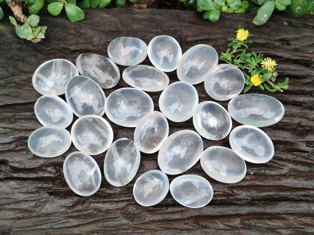 Polished Girasol Pearl Quartz Palm Stones x 35 From Ambatondrazaka, Madagascar