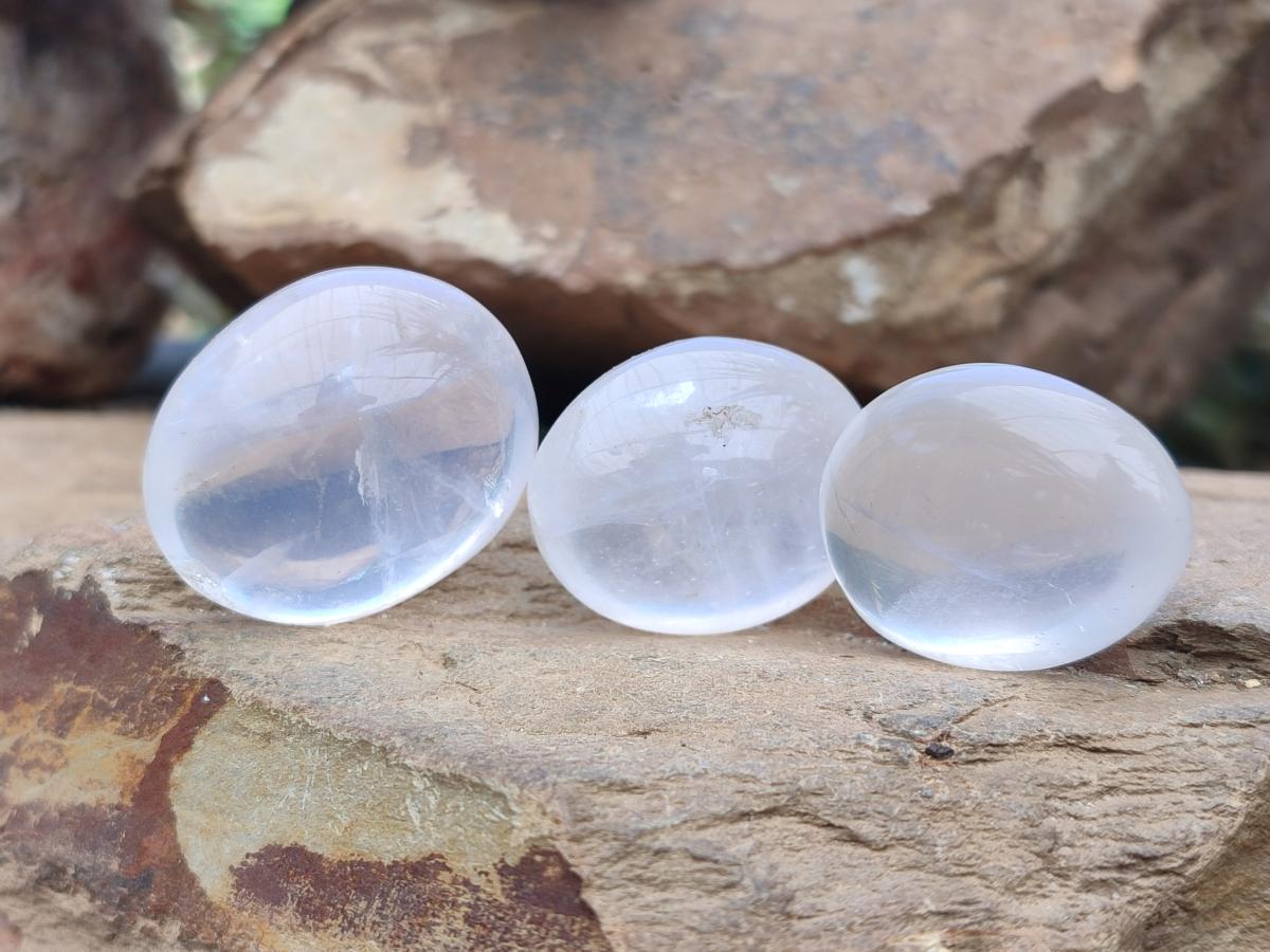 Polished Girasol Pearl Quartz Palm Stones x 35 From Ambatondrazaka, Madagascar