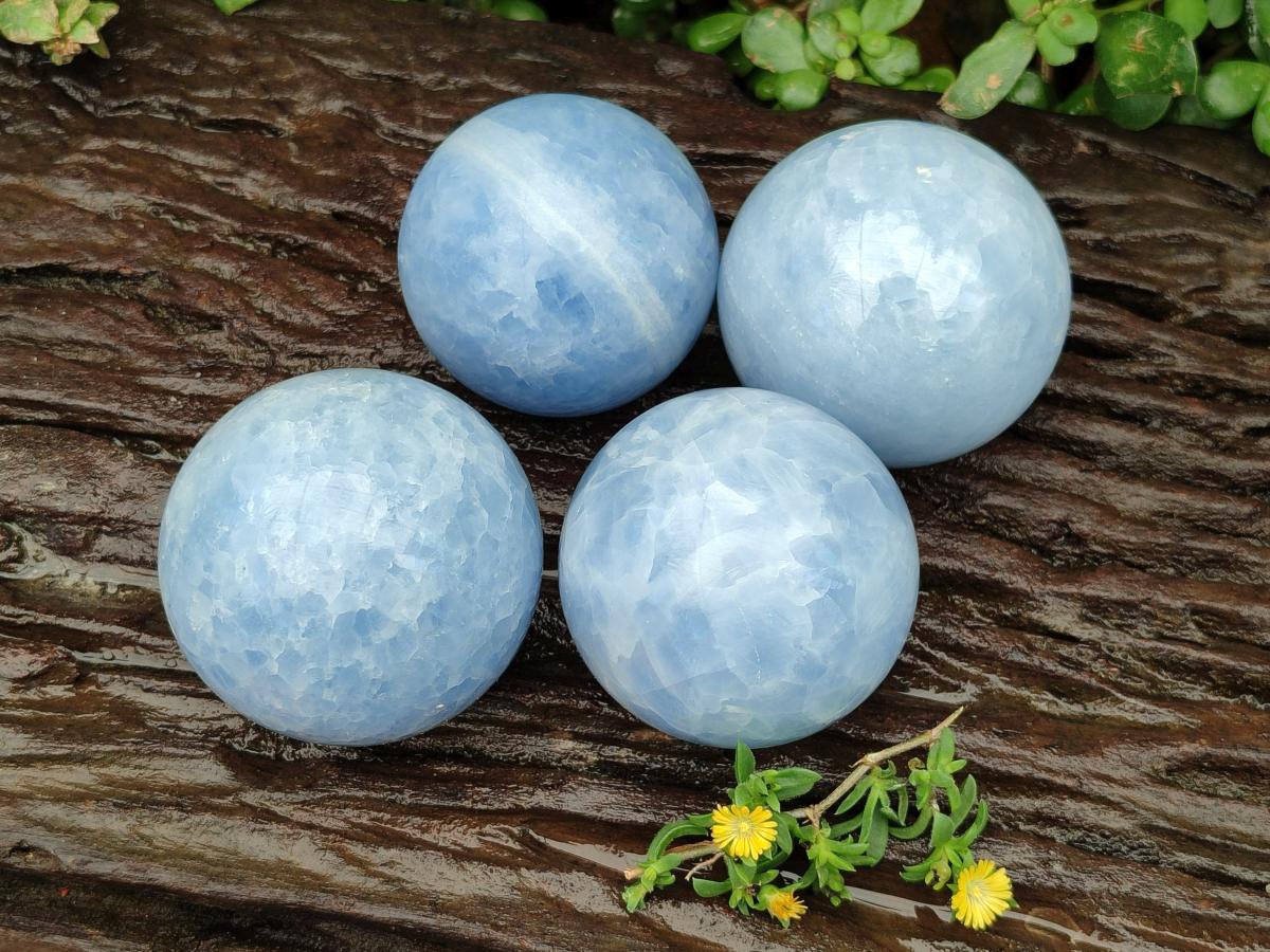Polished Blue Calcite Spheres x 4 From Madagascar