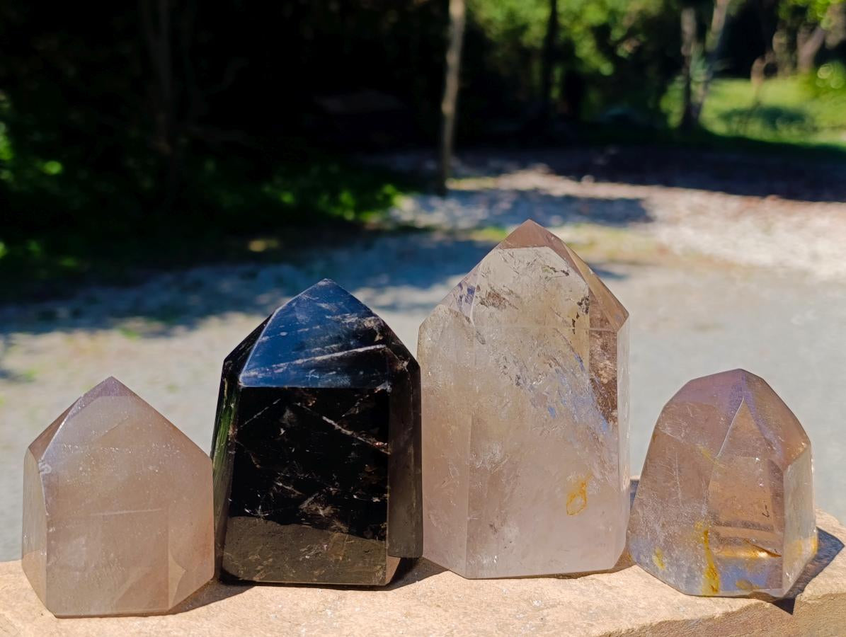 Polished Smokey Window Quartz Crystals x 4 From Madagascar
