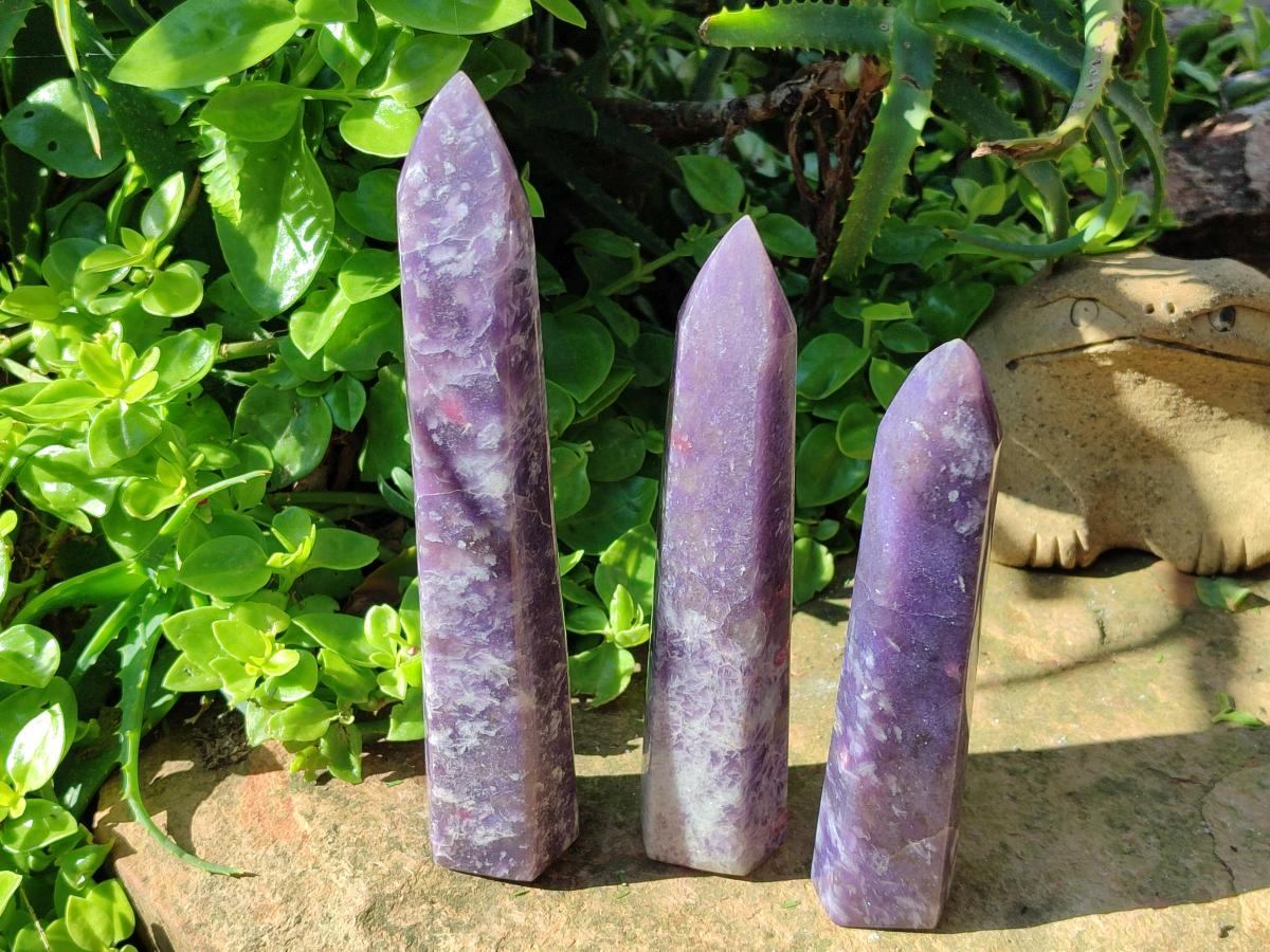 Polished Lepidolite With Pink Rubellite Tourmaline Towers x 3 From Ambatondrazaka, Madagascar