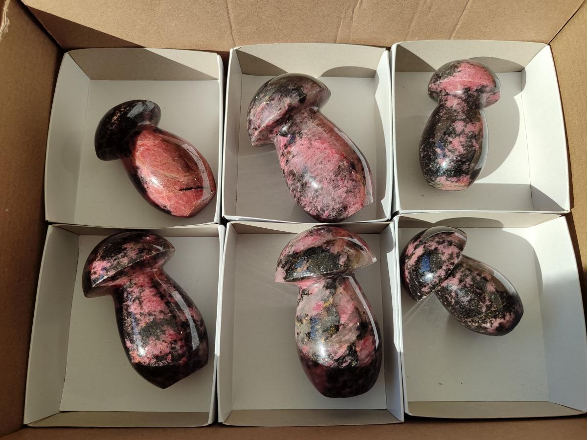 Polished Rhodonite Mushrooms x 6 From Ambindavato, Madagascar