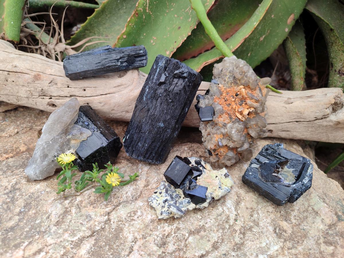 Natural Schorl Black Tourmaline Specimens x 6 From Erongo, Namibia