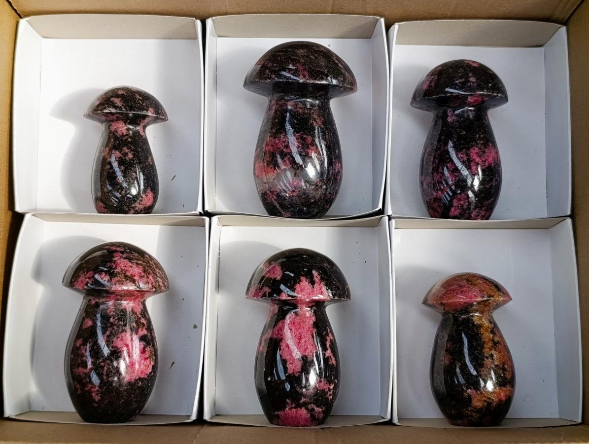 Polished Rhodonite Mushrooms x 6 From Ambindavato, Madagascar - Toprock Gemstones and Minerals 