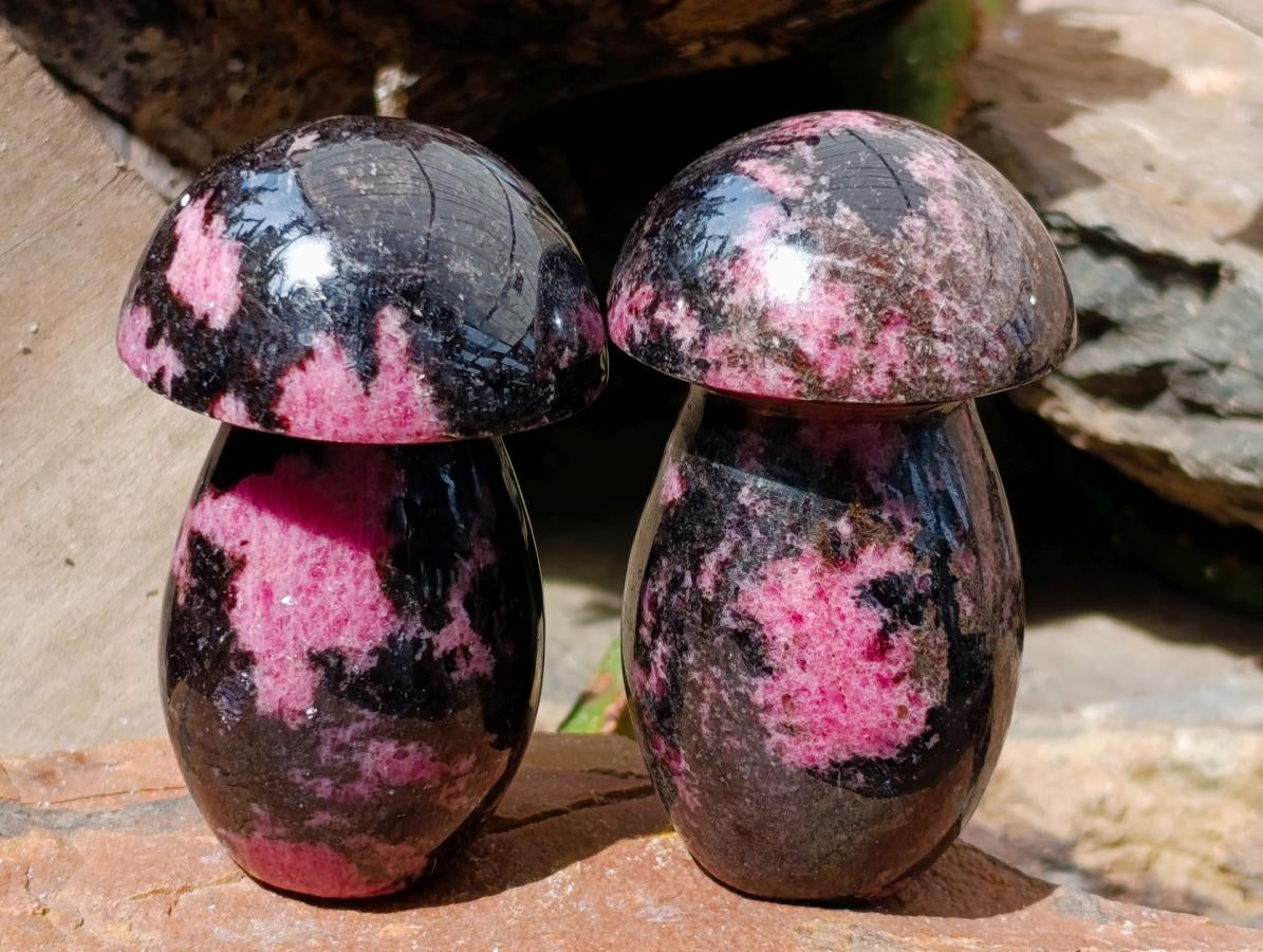 Polished Rhodonite Mushrooms x 6 From Ambindavato, Madagascar - Toprock Gemstones and Minerals 