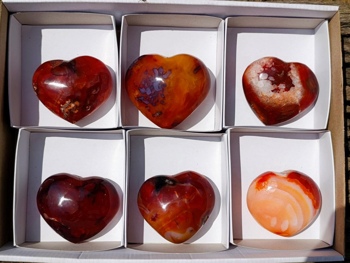 Polished Carnelian Agate Gemstone Hearts x 6 From Madagascar