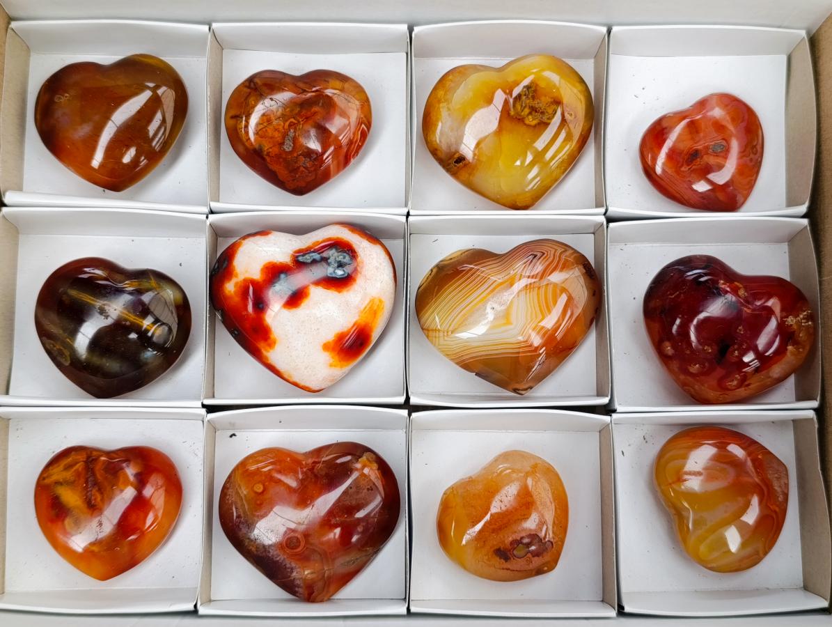Polished Carnelian Agate Gemstone Hearts x 12 From Madagascar