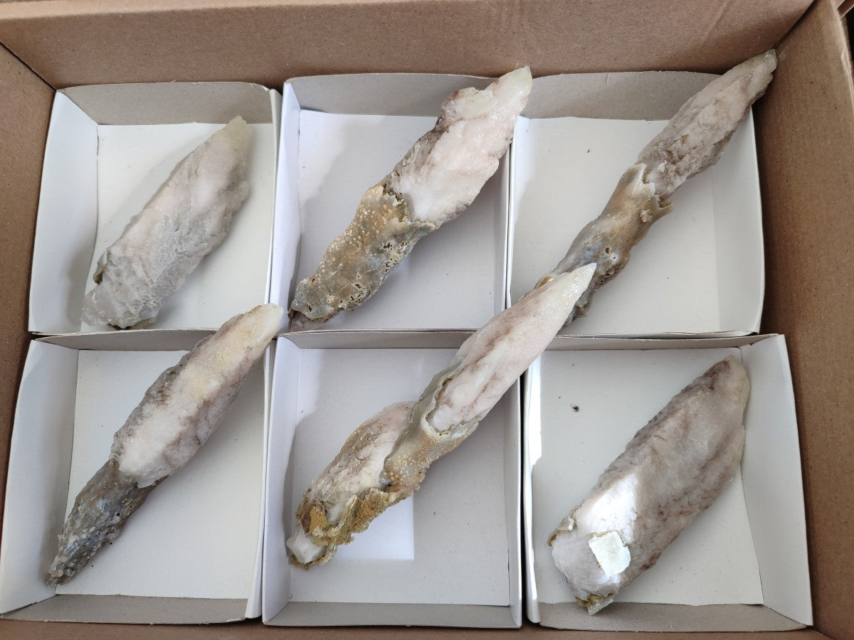 Natural Drusy Quartz Coated Spearhead Calcite Specimens x 6 From Albert's Mountain, Lesotho