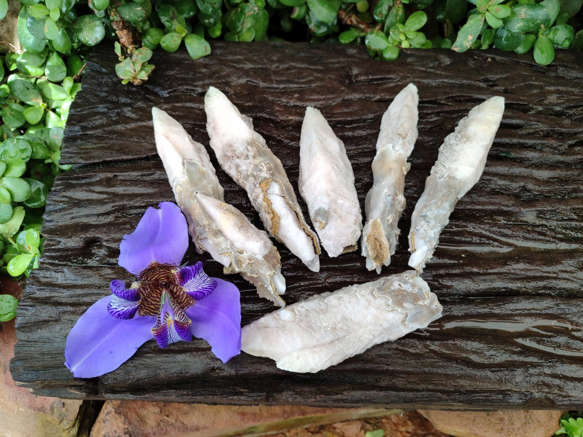 Natural Drusy Quartz Coated Spearhead Calcite Specimens x 6 From Albert's Mountain, Lesotho