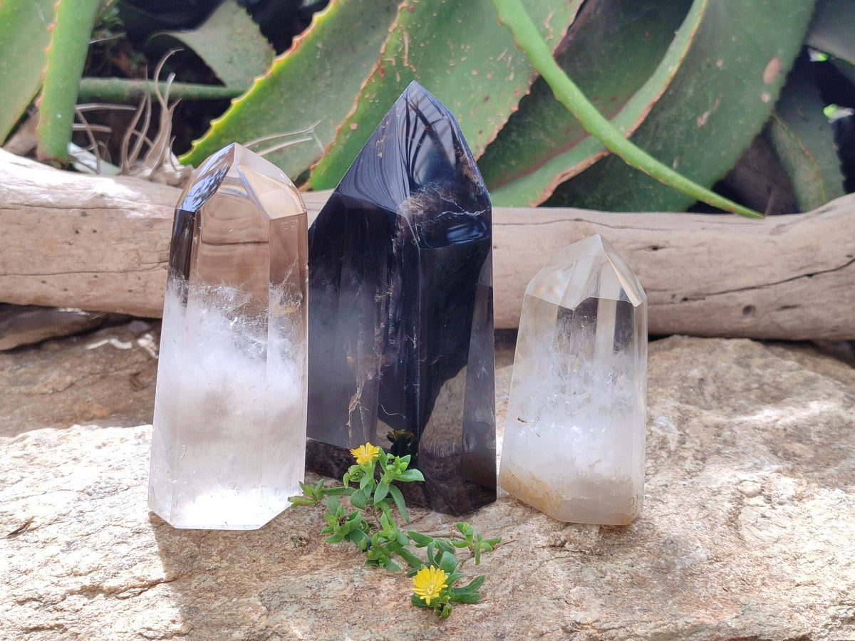 Polished Smokey Window Quartz Crystals x 3 From Madagascar