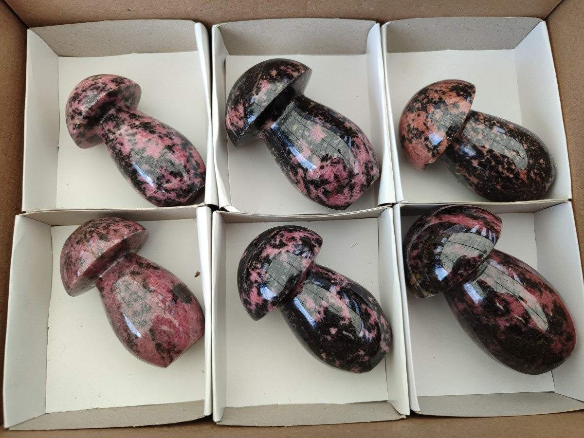 Polished Rhodonite Gemstone Mushrooms x 6 From Ambindavato, Madagascar