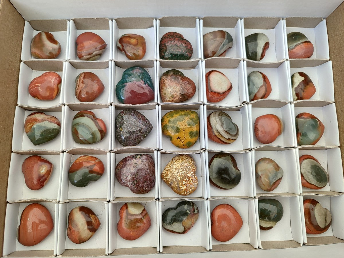 Polished Mixed Ocean Jasper and Polychrome Jasper Mini Hearts x 35 From Madagascar