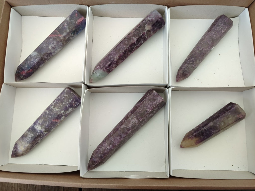 Polished Lepidolite with Pink Rubellite Tourmaline Crystals x 6 From Ambatondrazaka, Madagascar