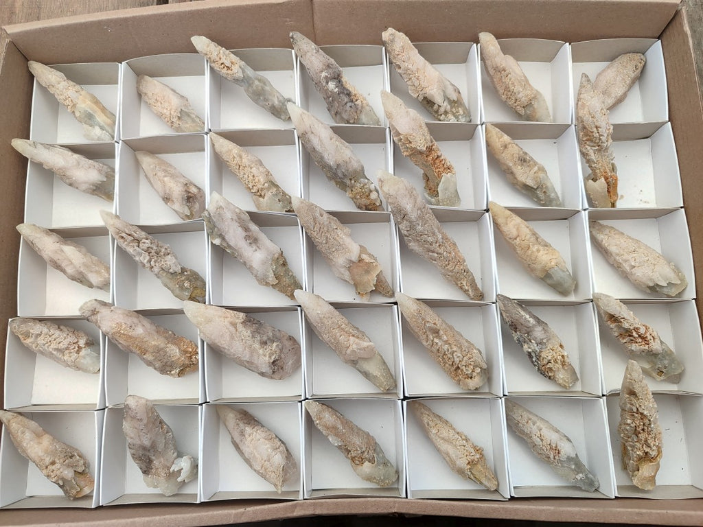 Natural Drusy Quartz Coated Spearhead Calcite Crystals x 35 From Albert's Mountain, Lesotho