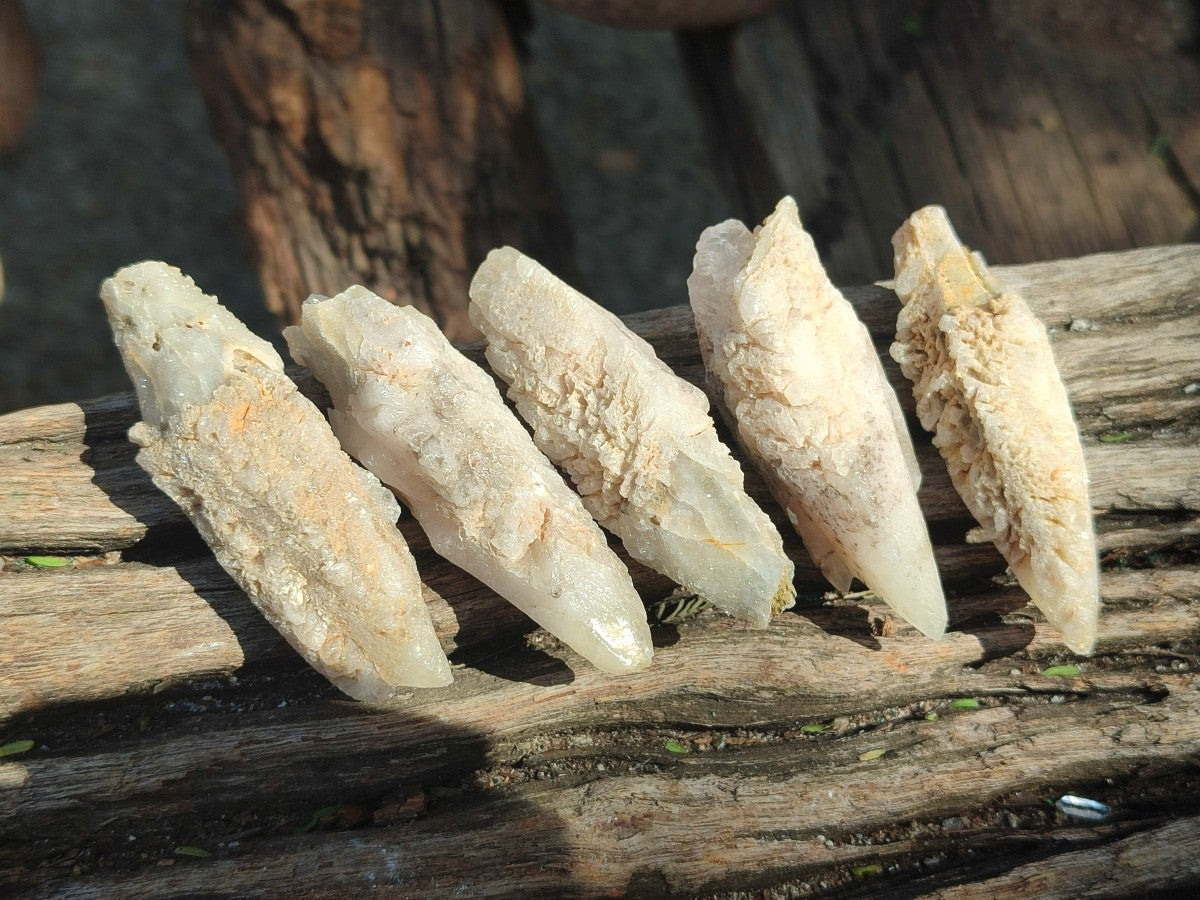 Natural Drusy Quartz Coated Spearhead Calcite Crystals x 35 From Albert's Mountain, Lesotho