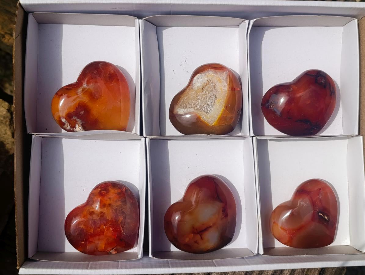 Polished Carnelian Agate Gemstone Hearts x 6 From Madagascar