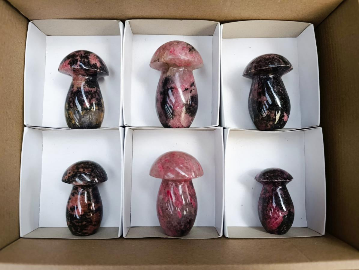 Polished Rhodonite Gemstone Mushrooms x 6 From Ambindavato, Madagascar