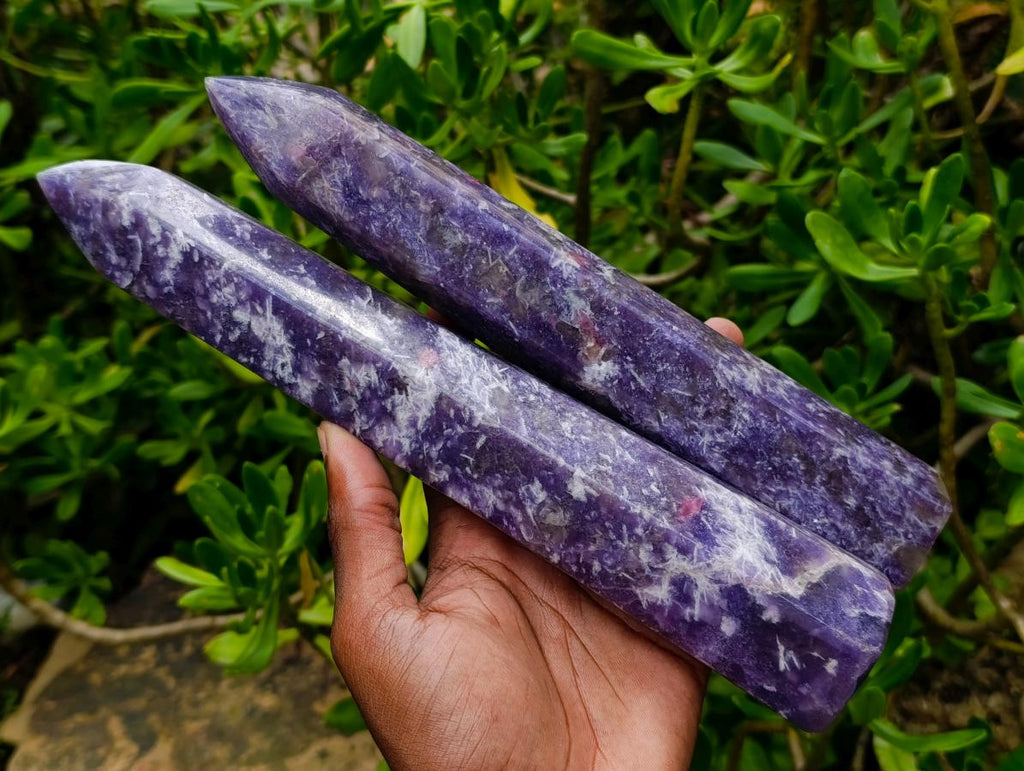 Polished Lepidolite with Pink Rubellite Tourmaline Crystal Towers x 2 From Ambatondrazaka, Madagascar