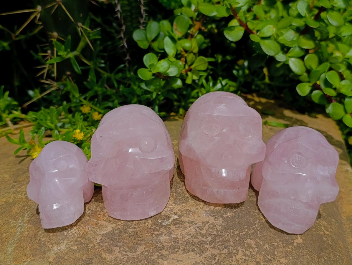 Hand Made Gemmy Rose Quartz Skulls x 4 From Madagascar