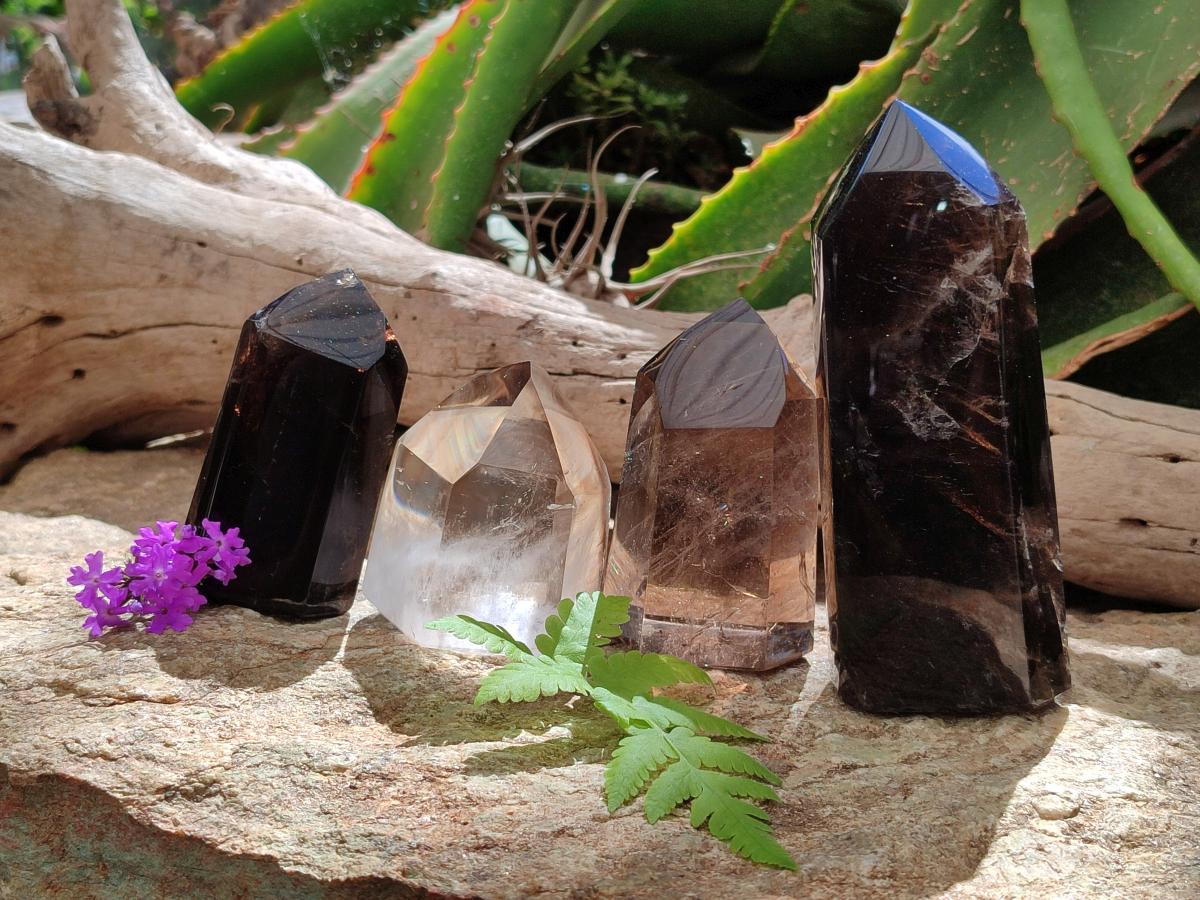 Polished Smokey Window Quartz Crystals x 4 From Madagascar
