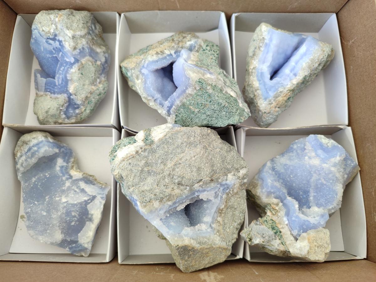 Natural Blue Lace Agate Geode Specimens x 6 From Nsanje, Malawi
