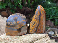 Polished Golden Tigers Eye with Banded Iron Stone Standing Free Forms x 2 From Prieska, South Africa