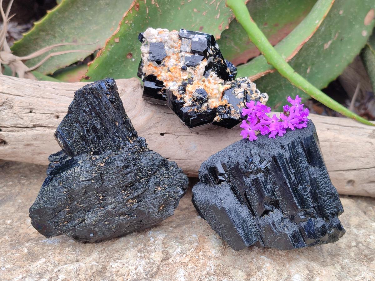 Natural Black Schorl Tourmaline Specimens x 3 From Erongo, Namibia