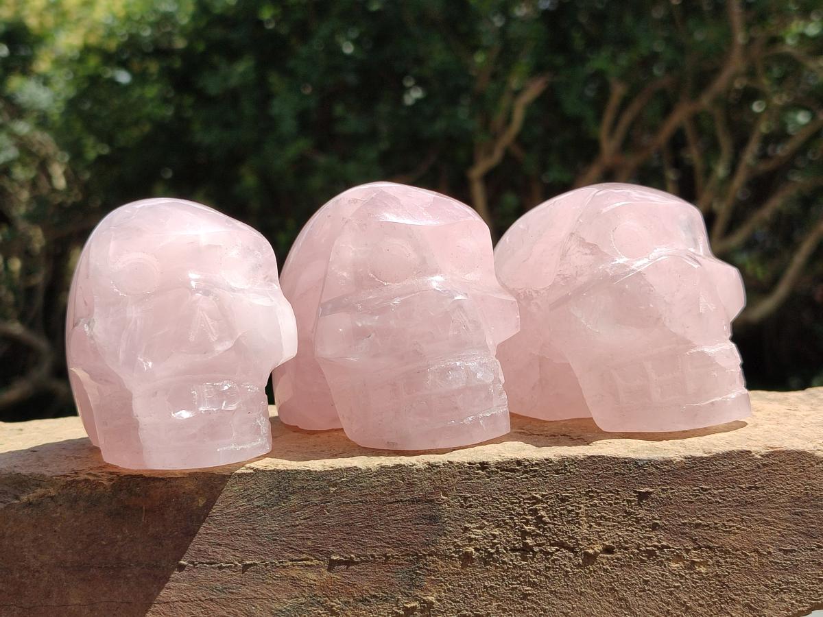 Hand Made Gemmy Rose Quartz Skulls x 3 From Madagascar