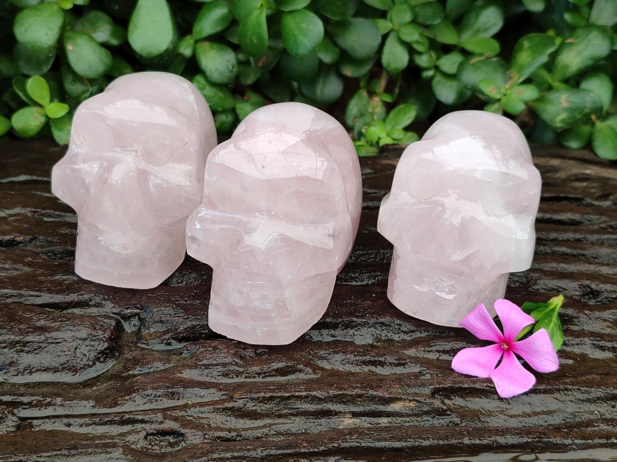 Hand Made Gemmy Rose Quartz Skulls x 3 From Madagascar
