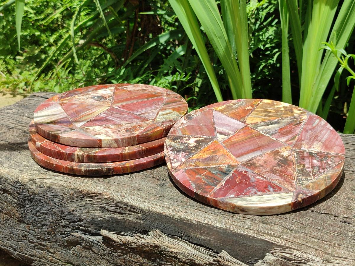 Hand Made Red Podocarpus Petrified Wood Conglomerate Mosaic Plaques x 4 From Mahajanga, Madagascar