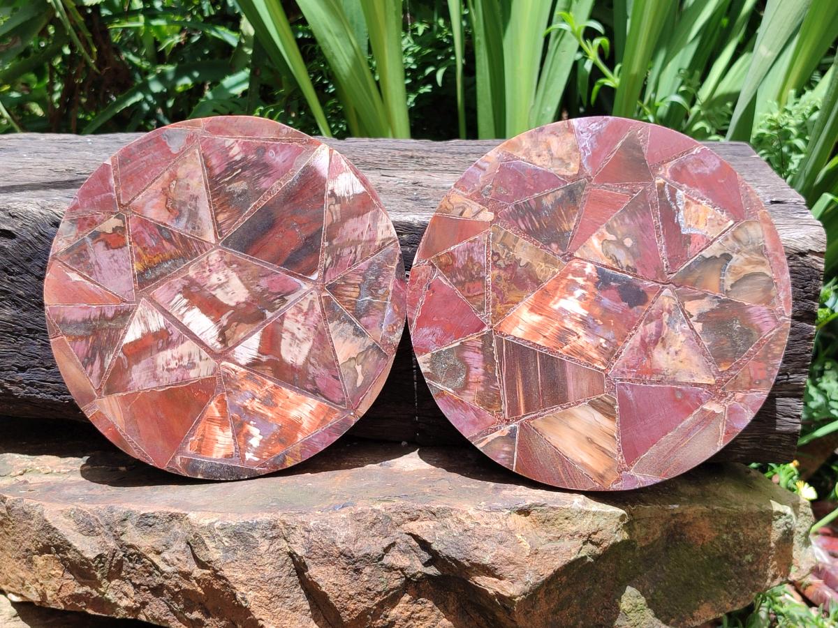 Hand Made Red Podocarpus Petrified Wood Conglomerate Mosaic Plaques x 4 From Mahajanga, Madagascar